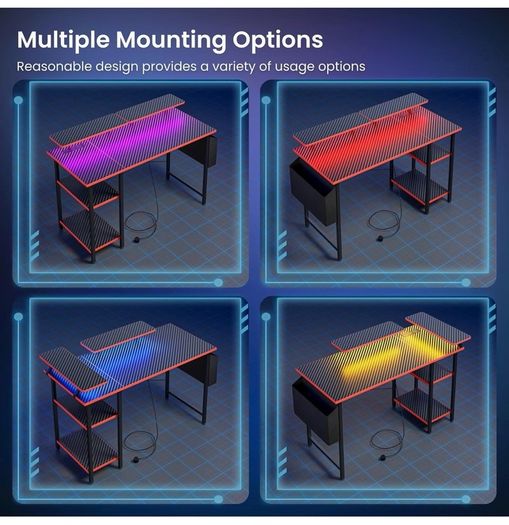 Gaming Desk with LED Lights & Power Outlets, Reversible