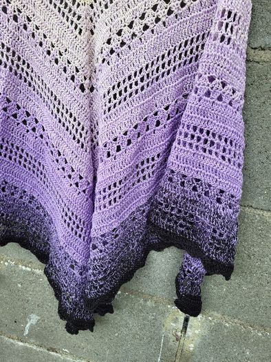 Handmade crochet triangle shawl wrap. Violet lila black ombre lacy shawl