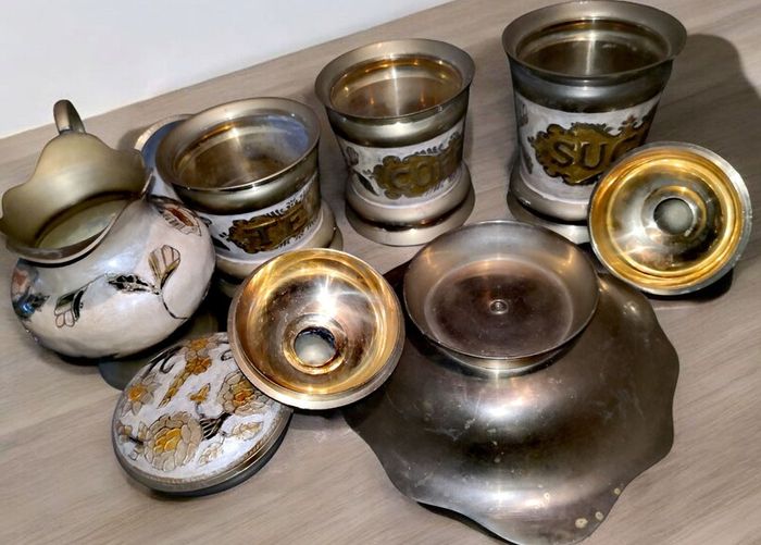Heavy solid brass enamelled kitchen set