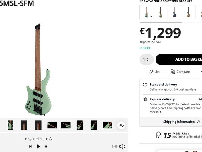 ibanez left handed bass, stainless steel frets