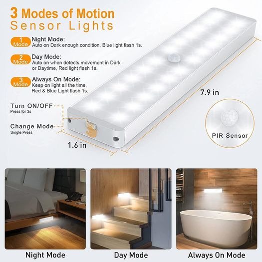 Wireless Under Cupboard Light with Remote, 24 LED Motion Sensor Lights USB Rechargeable Battery Strip Light Under Cabinet Kitchen Night Light Stick up Closet,Wardrobe,Stairs,Hallway,Garage (3 Pack)