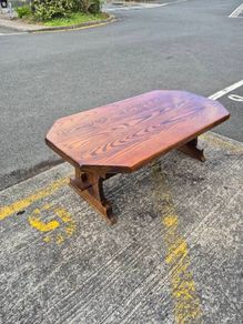 Solid Oak Rustic Coffee Table - Trestle Base