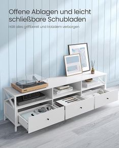 TV-Cabinet Lowboard for TVs up to 80 Inches, 178 cm Long, TV-Stand with 3 Drawers, 3 Open Compartments, 40 x 178 x 50 cm, Living Room, Steel Frame, White