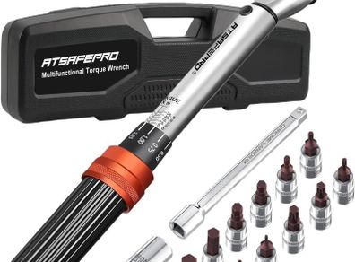 Bicycle Torque Wrench Set 5-25 Nm, 1/4 Inch Drive Click Torque Wrench Set with Dual Direction Adjustable 72 Tooth for Bike and Motorcycle Maintenance