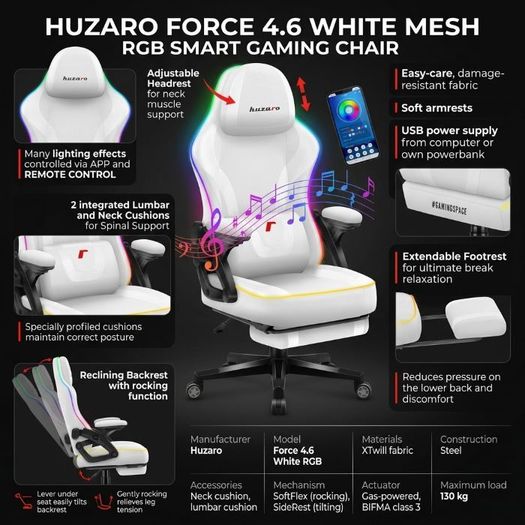 Huzaro Force 4.6 White Mesh RGB Smart Gaming Chair with Footrest - Bluetooth App & Remote Control