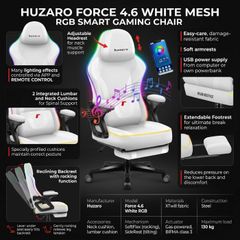 Huzaro Force 4.6 White Mesh RGB Smart Gaming Chair with Footrest - Bluetooth App & Remote Control