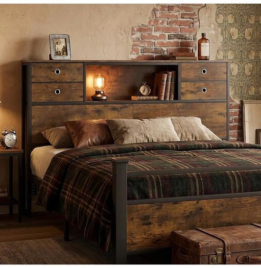 Double Bed Headboard with Storage, Freestanding Headboard with 4 Fabric Drawers & Shelves, Adjustable Bed Frame Connectors, Bedroom Storage Headboard