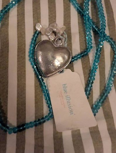 Blue Illusion Silver Heart Pendant Necklace with Beaded Chain
