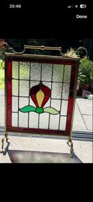 Stained glass vintage fire screen & brass accessories