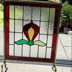 Stained glass vintage fire screen & brass accessories