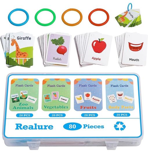 80Pcs/Box Preschool Educational Flash Cards, Toddler Learning Flash Cards Double Sided, Include Fruits Vegetables Body Parts Animal Flash Cards for Kids, Toddlers