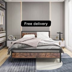 King Size Bed Frame with Wood Headboard