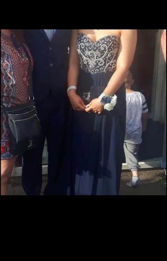 Strapless Navy blue with diamonds with zip on back Ball Gown/ Debs/ Prom Dress size UK 8