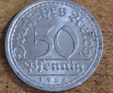 German Empire, 50 Pfennig 1922 A Coin - free standard postage