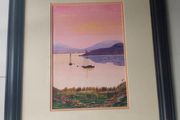 Sunset sailboats  original watercolor, signed DTB