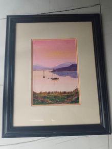 Sunset sailboats  original watercolor, signed DTB