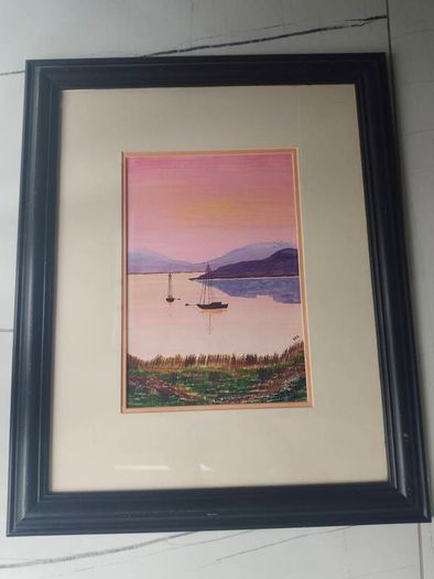 Sunset sailboats  original watercolor, signed DTB