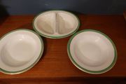Vintage Divided Serving Bowl and a Matching Pair of Arklow Pottery Green and Gilt Rimmed 9.5" Rimmed Soup Bowls, Price for  All!