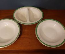 Vintage Divided Serving Bowl and a Matching Pair of Arklow Pottery Green and Gilt Rimmed 9.5" Rimmed Soup Bowls, Price for  All!
