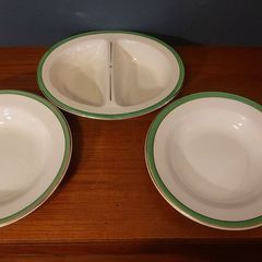 Vintage Divided Serving Bowl and a Matching Pair of Arklow Pottery Green and Gilt Rimmed 9.5" Rimmed Soup Bowls, Price for  All!