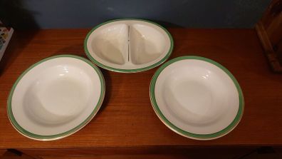 Vintage Divided Serving Bowl and a Matching Pair of Arklow Pottery Green and Gilt Rimmed 9.5" Rimmed Soup Bowls, Price for  All!