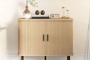 Mid-Century Modern Sideboard Storage Cabinet with Slatted Tambour Sliding Doors, Kitchen Cabinet with Steel Legs, Oak Tone