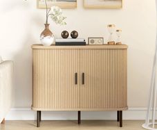 Mid-Century Modern Sideboard Storage Cabinet with Slatted Tambour Sliding Doors, Kitchen Cabinet with Steel Legs, Oak Tone