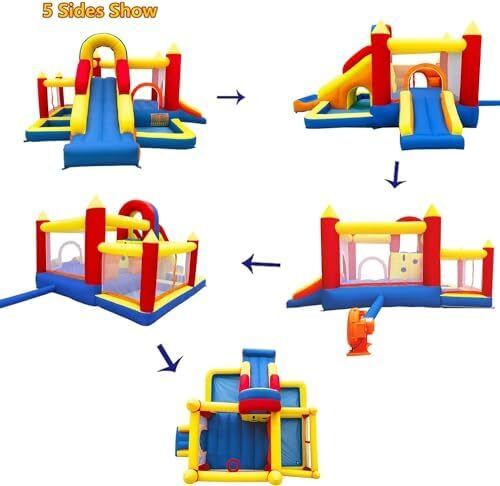 Bouncy Castle, Inflatable Bounce House with Two Slides, Trampoline, Arch Barrier, Ball Pit, Climbing Wall, Inflatable Slide with Blower for Kids Indoor Outdoor