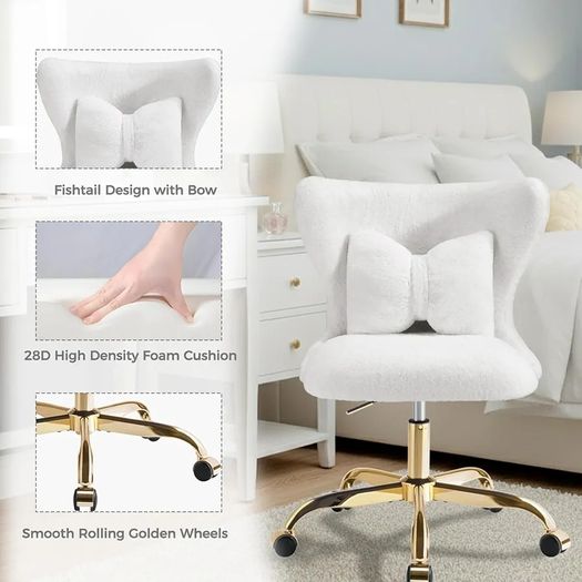 Vanity Chair with Gold Wheels & Bow Pillow, Fluffy Desk Chairs for Home Office & Bedroom, Height Adjustable& Easy to Assemble,White