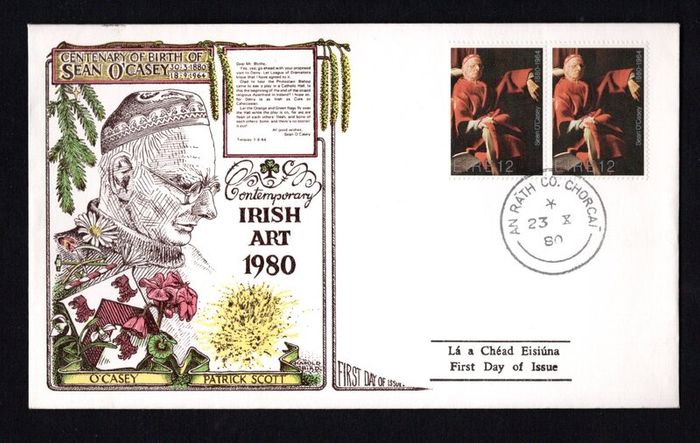 1980 Ireland Birth Centenary of Sean O'Casey Commemorative Stamp pain Hibernian illustrated First Day Cover (FDC) with An Rath Co Chorca (Charleville, Co. Cork) Steele cancel