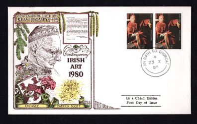 1980 Ireland Birth Centenary of Sean O'Casey Commemorative Stamp pain Hibernian illustrated First Day Cover (FDC) with An Rath Co Chorca (Charleville, Co. Cork) Steele cancel