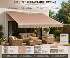 Manual Retractable Awning, 8 x 7 ft Outdoor Patio Awning Retractable Sun Shade, Water-Resistant Polyester Patio Door Window Awning Sunshade Shelter with Crank Handle for Backyard, Balcony
