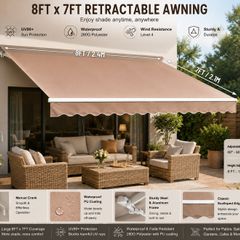 Manual Retractable Awning, 8 x 7 ft Outdoor Patio Awning Retractable Sun Shade, Water-Resistant Polyester Patio Door Window Awning Sunshade Shelter with Crank Handle for Backyard, Balcony