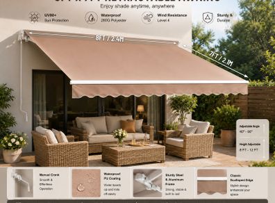 Manual Retractable Awning, 8 x 7 ft Outdoor Patio Awning Retractable Sun Shade, Water-Resistant Polyester Patio Door Window Awning Sunshade Shelter with Crank Handle for Backyard, Balcony