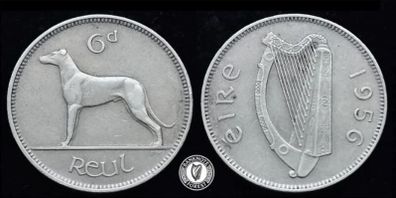 [#2520] - Ireland 1956 | Irish 6d | Six Pence | Wolfhound | KM.13a