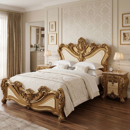 This is a very grand nice bed and two marble topped lockers.
