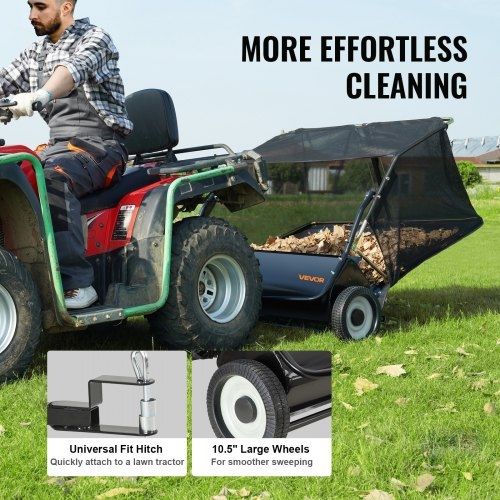 Tow Behind Lawn Sweeper, 111.7 cm Pull Behind Lawn Sweeper, 25 cu. ft Large Capacity Leaf & Grass Collector, Heavy Duty Garden Sweeper with Adjustable Sweeping Height for Yard, Lawn, Farm