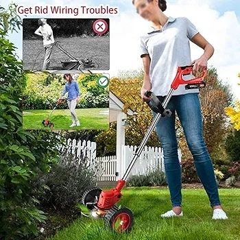 Cordless Strimmer 21V Battery Strimmer Lightweight Garden Strimmer with 2pcs Batteries&13pcs Blade&removable Wheels Brush