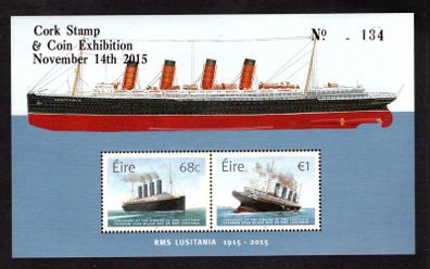 2015 Cork Stamp and Coin Exhibition 14th November 2015 Exhibition Commemorative Stamps Miniature Sheet on Centenary of the Sinking of The RMS Lusitania Miniature Sheet Mint Never Hinged (MNH)