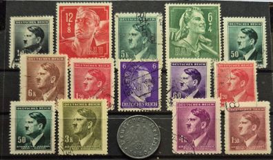 German third reich stamps and coin, 10 pfennig.