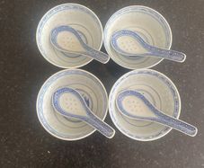 Set of 4 Blue & White Ceramic Rice/Soup Bowls with Matching Spoons