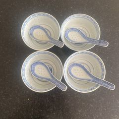 Set of 4 Blue & White Ceramic Rice/Soup Bowls with Matching Spoons