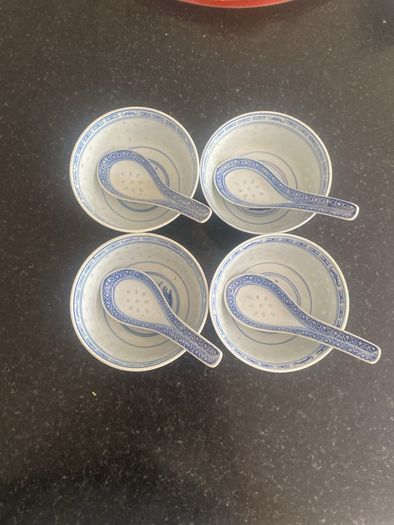 Set of 4 Blue & White Ceramic Rice/Soup Bowls with Matching Spoons