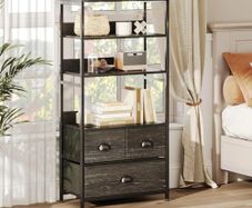 4-Tier Industrial Bookshelf with 3 Fabric Drawers, Storage Shelf, Bookcase with Doors, Adjustable Free Standing Display Shelf, Ladder Shelf Unit for Living Room, Office, Bedroom, Black