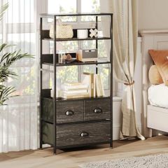 4-Tier Industrial Bookshelf with 3 Fabric Drawers, Storage Shelf, Bookcase with Doors, Adjustable Free Standing Display Shelf, Ladder Shelf Unit for Living Room, Office, Bedroom, Black