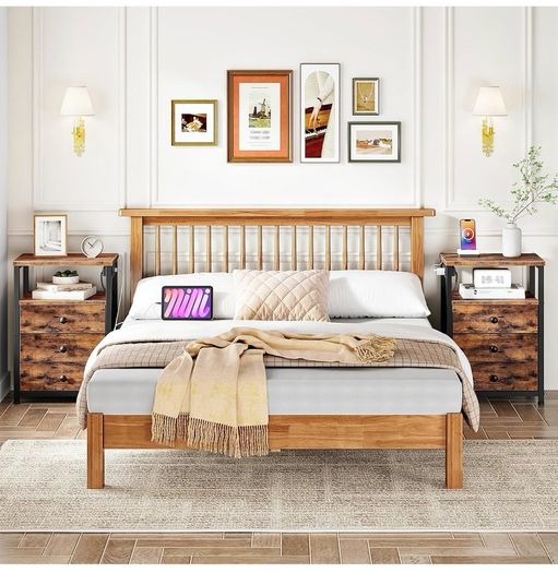 Bedside Table with Charging Station, End Table with 3 Fabric Drawers, Sofa Side Table with USB Ports and Socket, Nightstand for Bedroom, Living Room, Rustic Brown and Black