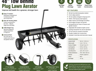 48 Inch Tow Behind Plug Lawn Aerator with Universal Hitch 140lb Capacity