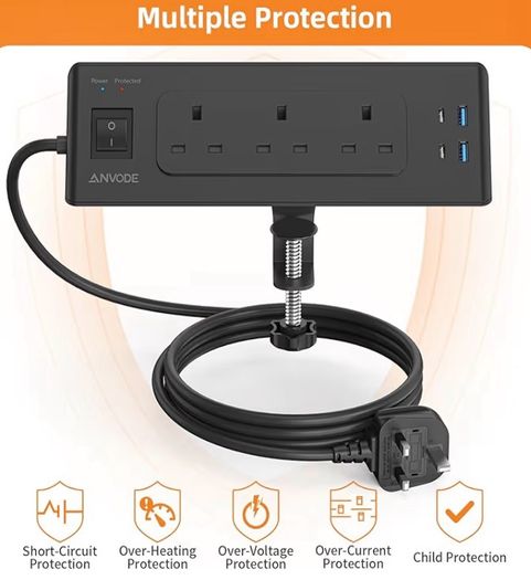 3 Way Plug Extension Socket with 4 USB, Desk Extension Lead 2M with Switch, Surge Protecion Multi Plug Extender for Home Office