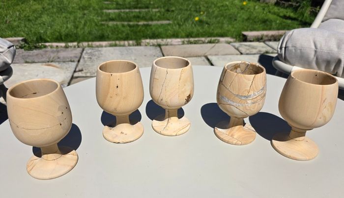 Vintage Teakwood Sandstone Goblets Set of 5 Hand-Carved Stone Wine Cups