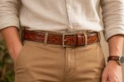 Unisex Genuine Leather Tooled Belt Vintage Floral Western Leather Belt